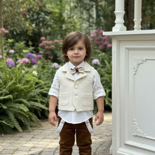 Βαπτιστικό κοστούμι αγόρι Dolce Bambini λευκές, μπεζ και καφέ αποχρώσεις σετ