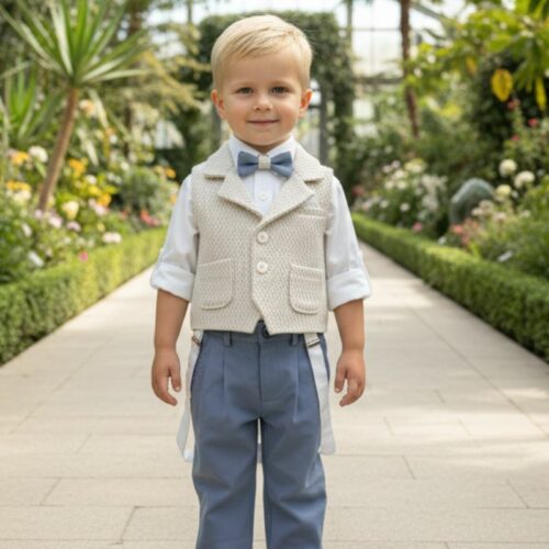 Βαπτιστικό κοστούμι αγόρι Dolce Bambini Εκρού Μπεζ και Μπλε γκρι σετ