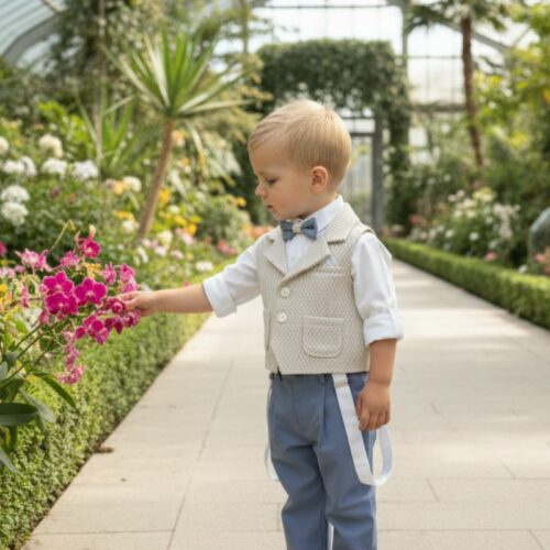 Βαπτιστικό κοστούμι αγόρι Dolce Bambini Εκρού Μπεζ και Μπλε γκρι σετ