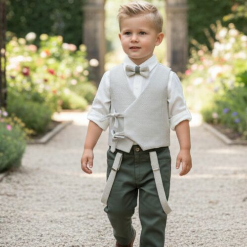 Βαπτιστικό κοστούμι αγόρι Dolce Bambini εκρού μπεζ κυπαραισσί σετ