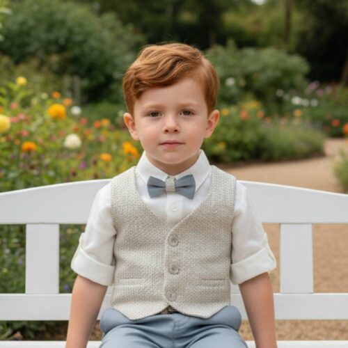 Βαπτιστικό κοστούμι αγόρι Dolce Bambini Εκρού Μπεζ και Μπλε γκρι σετ