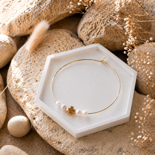 Μαρτυρικό βάπτισης βραχιόλι βέργα για κορίτσι με χρυσό σταυρό και πέρλες