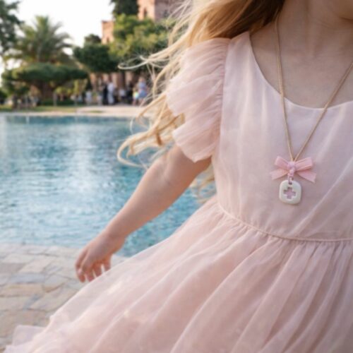 Μαρτυρικό βάπτισης μενταγιόν με κεραμικό σταυρό ροζ με κορδελάκι για κορίτσι