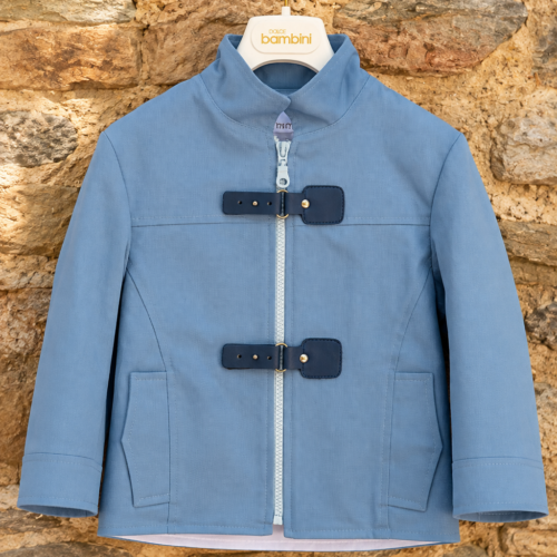 Steel Blue χειμερινό βαπτιστικό jacket αγοριού με navy κουμπώματα και φερμουάρ