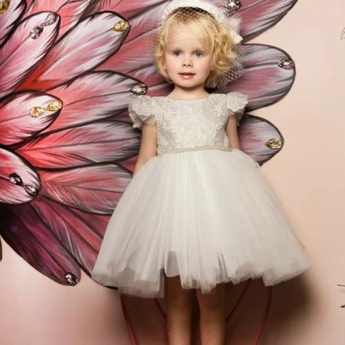 Φόρεμα βάπτισης Dolce Bambini 9756-1 ivory εκρού με μεγάλο φιόγκο στην πλάτη και πλούσια φούστα από τούλι, πίσω όψη