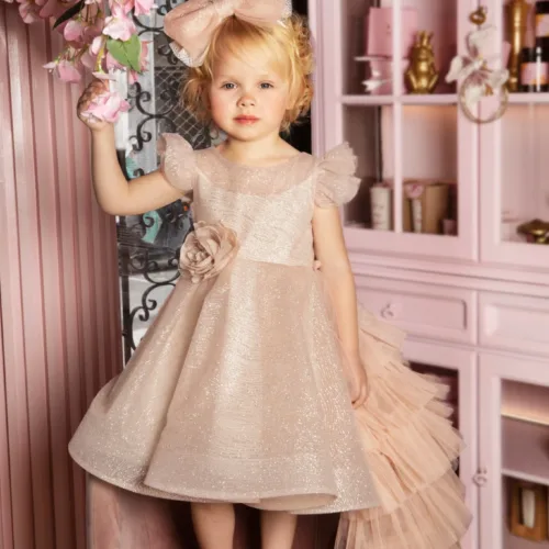Πίσω όψη φορέματος βάπτισης Dolce Bambini 9779-8 σε σαμπανί ροζ με μεγάλο φιόγκο και πολυεπίπεδη τούλινη ουρά