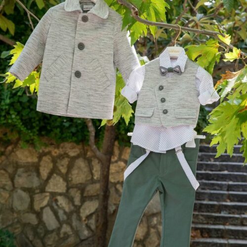 Βαπτιστικό outfit αγοριού με παντελόνι, πουκάμισο, γιλέκο, παπιγιόν και παλτό – Woodland Story