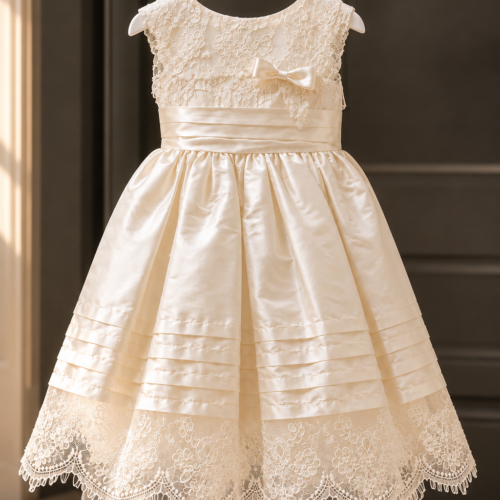 Ivory Silk Elegance – Ιβουάρ μεταξωτό βαπτιστικό φόρεμα με γαλλική δαντέλα και σατέν λεπτομέρειες