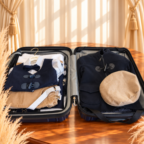 Ανοιχτή βαλίτσα βάπτισης αγοριού με χειμερινά βαπτιστικά ρούχα και αξεσουάρ