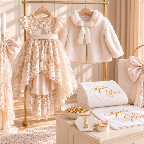 Dusty Rose Lace ολοκληρωμένο χειμερινό πακέτο βάπτισης κοριτσιού με μπεζ δαντελένιο φόρεμα και ημίπαλτο οικολογικής γούνας