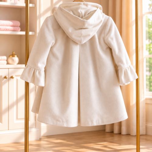 Πίσω όψη του off-white παλτού βάπτισης κοριτσιού Ivory Ruffle με κουκούλα και ριχτές μανσέτες