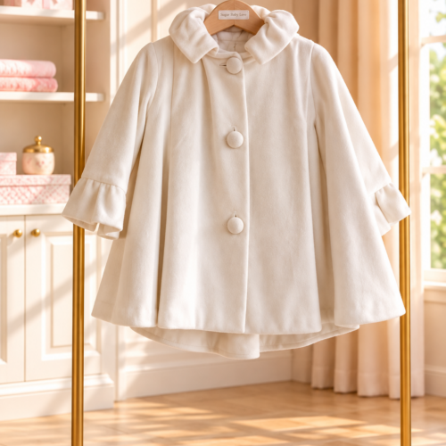 Ivory Ruffle off-white παλτό βάπτισης κοριτσιού με κουκούλα και ριχτές μανσέτες