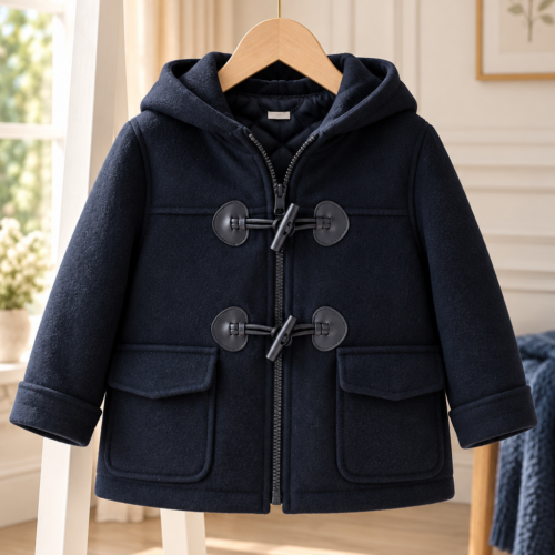 Χειμερινό παιδικό παλτό duffle σε navy blue με κουκούλα, φερμουάρ, χαρακτηριστικά κουμπώματα και μεγάλες τσέπες.