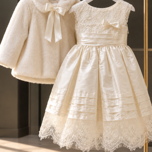 Ivory Silk Elegance – Ιβουάρ μεταξωτό βαπτιστικό φόρεμα με γαλλική δαντέλα και ημίπαλτο οικολογικής γούνας