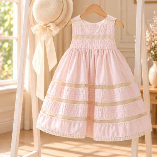 Pink and Ivory Set – Βαπτιστικό φόρεμα κοριτσιού με καπέλο σε παστέλ ροζ και ivory εκρού